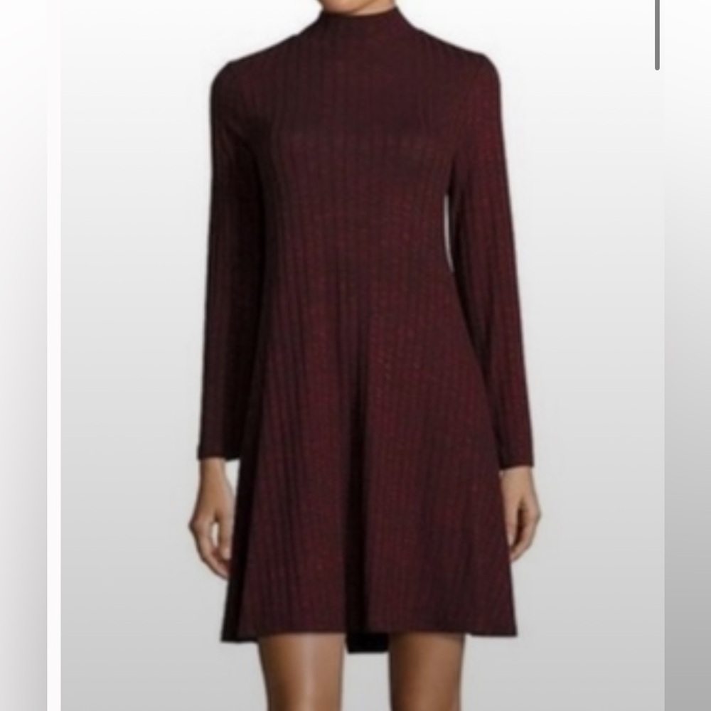 Mock Neck Ribbed Sweater Dress - black